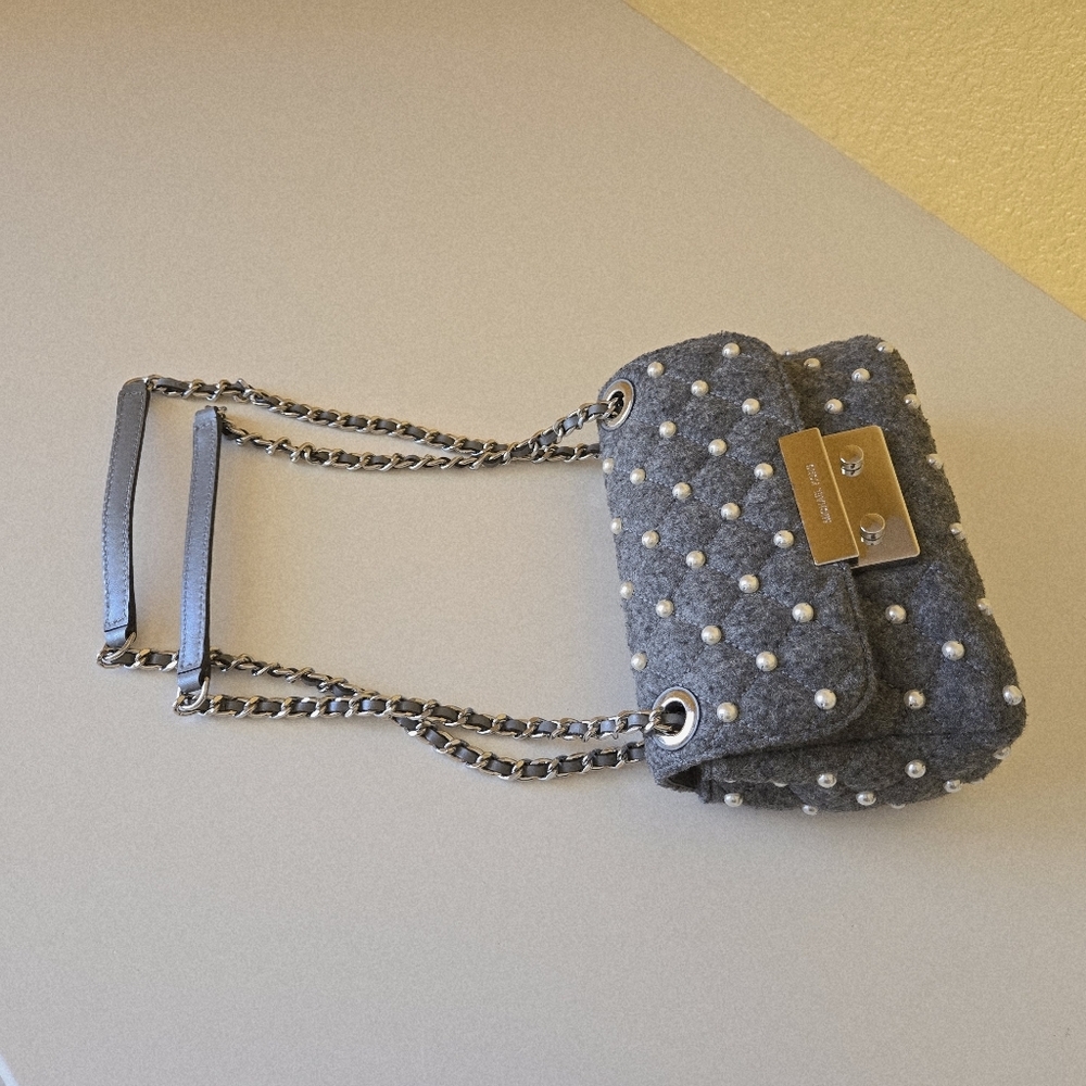 Michael Kors Sloan Small Quilted Wool Felt Pearl Embellished Chain Shoulder Bag - Picture 9 of 16